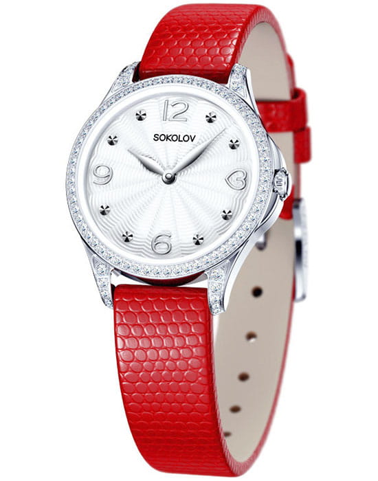 Sokolov 137.30.00.001.01.03.2  137.30.00.001.01.03.2 кварцевые женские часы серебристый циферблат, браслет кожаный — вид спереди