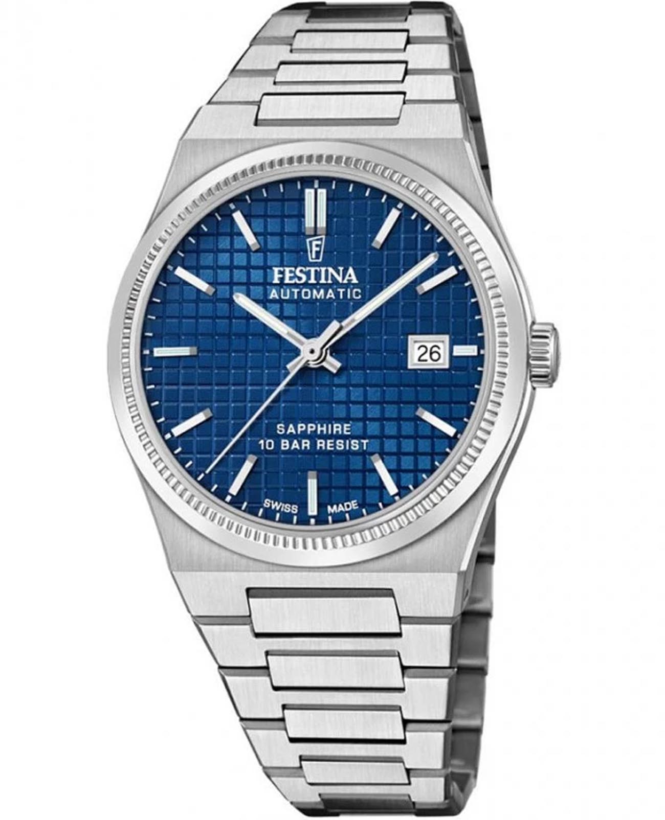 Festina Festina Classics F20028/2  F20028/2 механические мужские часы синий циферблат, браслет нержавеющая сталь — вид спереди