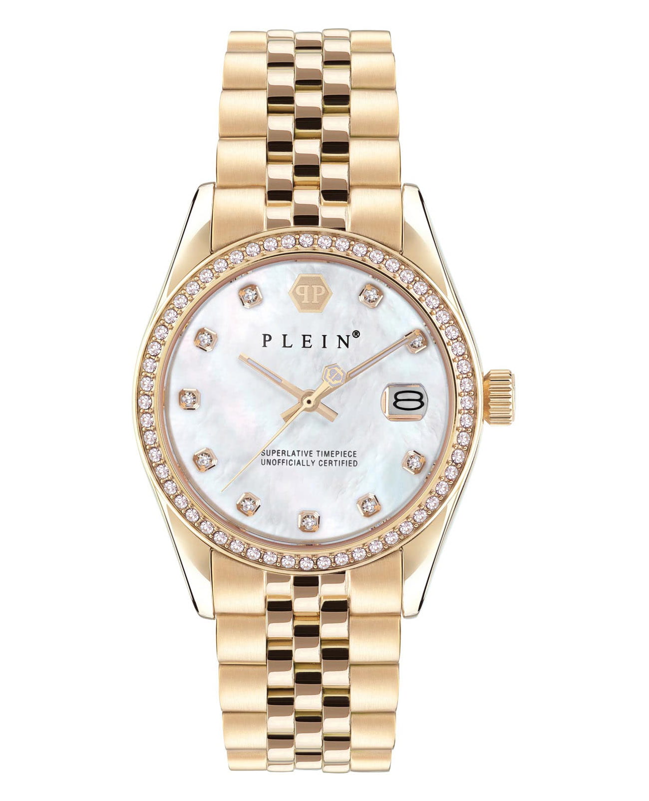 Philipp Plein Philipp Plein Date Superlative PWYAA0323  PWYAA0323 кварцевые женские часы перламутровый циферблат, браслет нержавеющая сталь с ip-покрытием — вид спереди