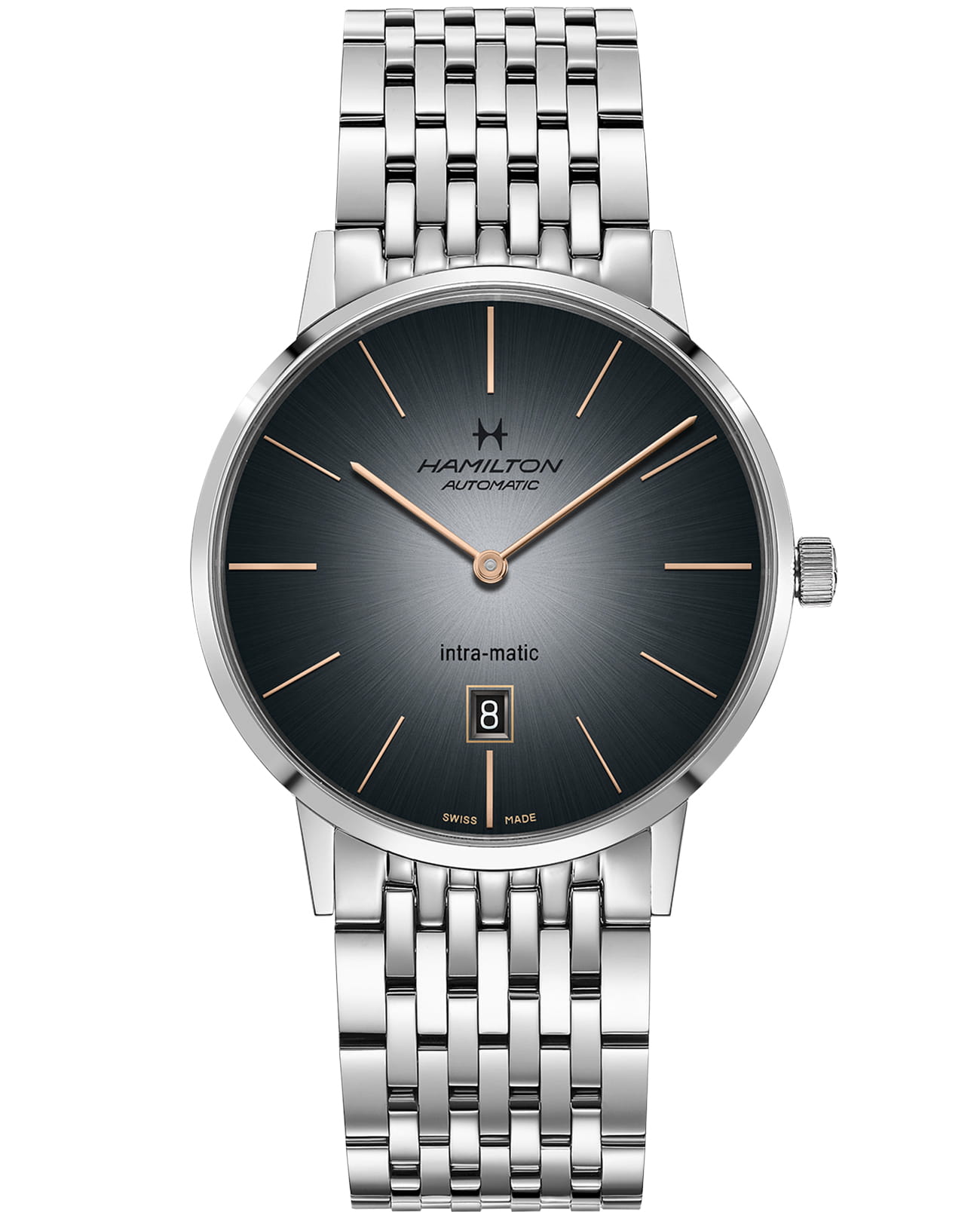 Hamilton Hamilton American Classic Intra-Matic Auto H38755181  H38755181 механические мужские часы синий циферблат, браслет нержавеющая сталь — вид спереди