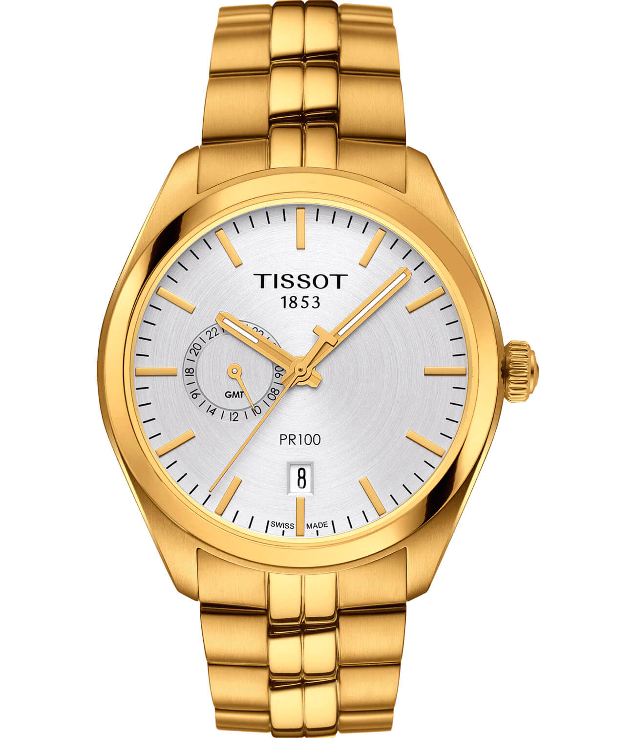 Tissot Tissot PR 100 Dual Time T101.452.33.031.00 PR 100 T1014523303100 кварцевые мужские часы белый циферблат, браслет сталь c pvd покрытием — вид спереди