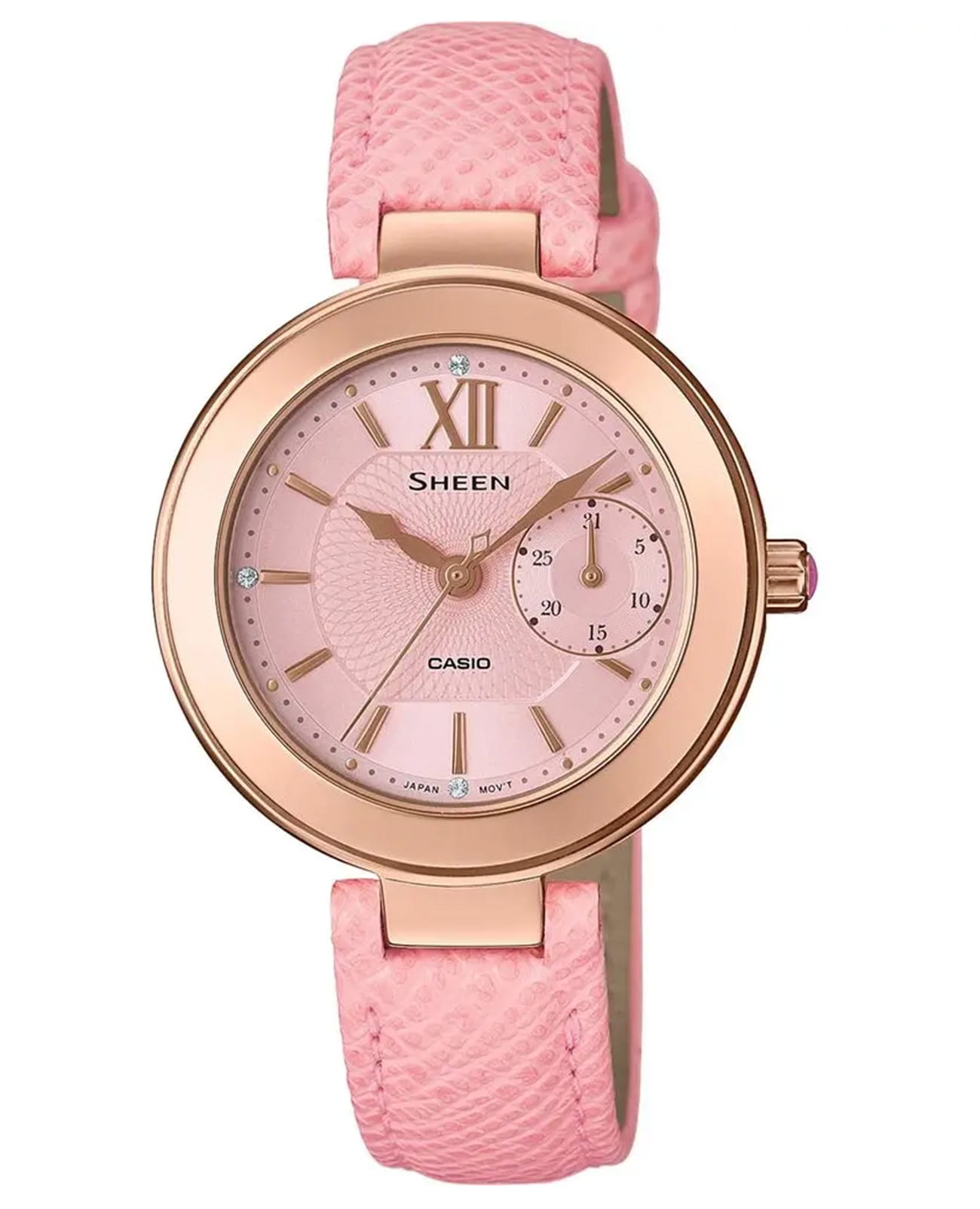 Casio Casio Sheen SHE-3051PGL-4A  SHE-3051PGL-4A кварцевые женские часы розовый циферблат, браслет кожаный — вид спереди