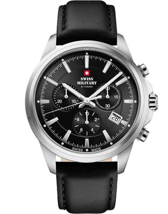 Swiss Military by Chrono Swiss Military by Chrono Sports Chronograph SM34107.10  SM34107.10 кварцевые мужские часы черный циферблат, браслет кожаный — вид спереди