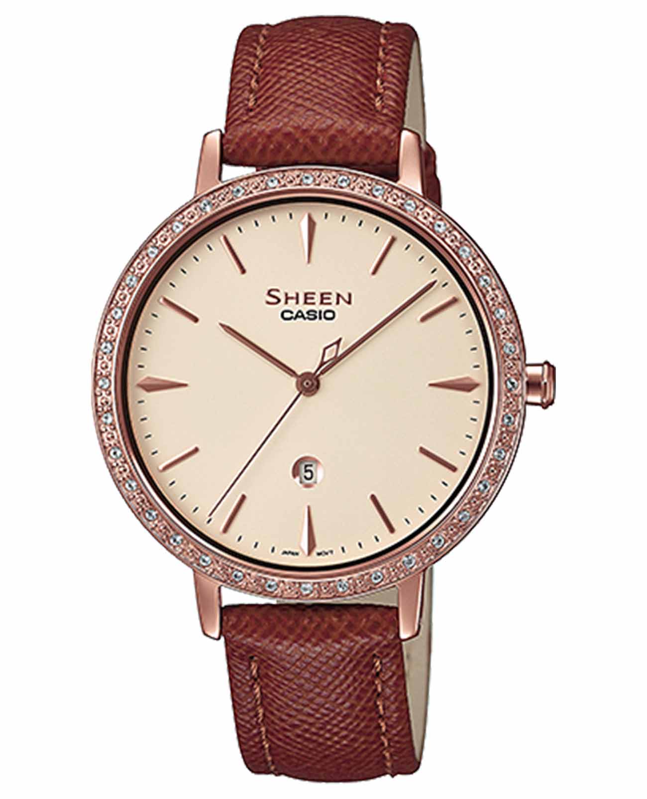 Casio Casio Sheen SHE-4535YGL-9A  SHE-4535YGL-9A кварцевые женские часы шампань циферблат, браслет кожаный — вид спереди