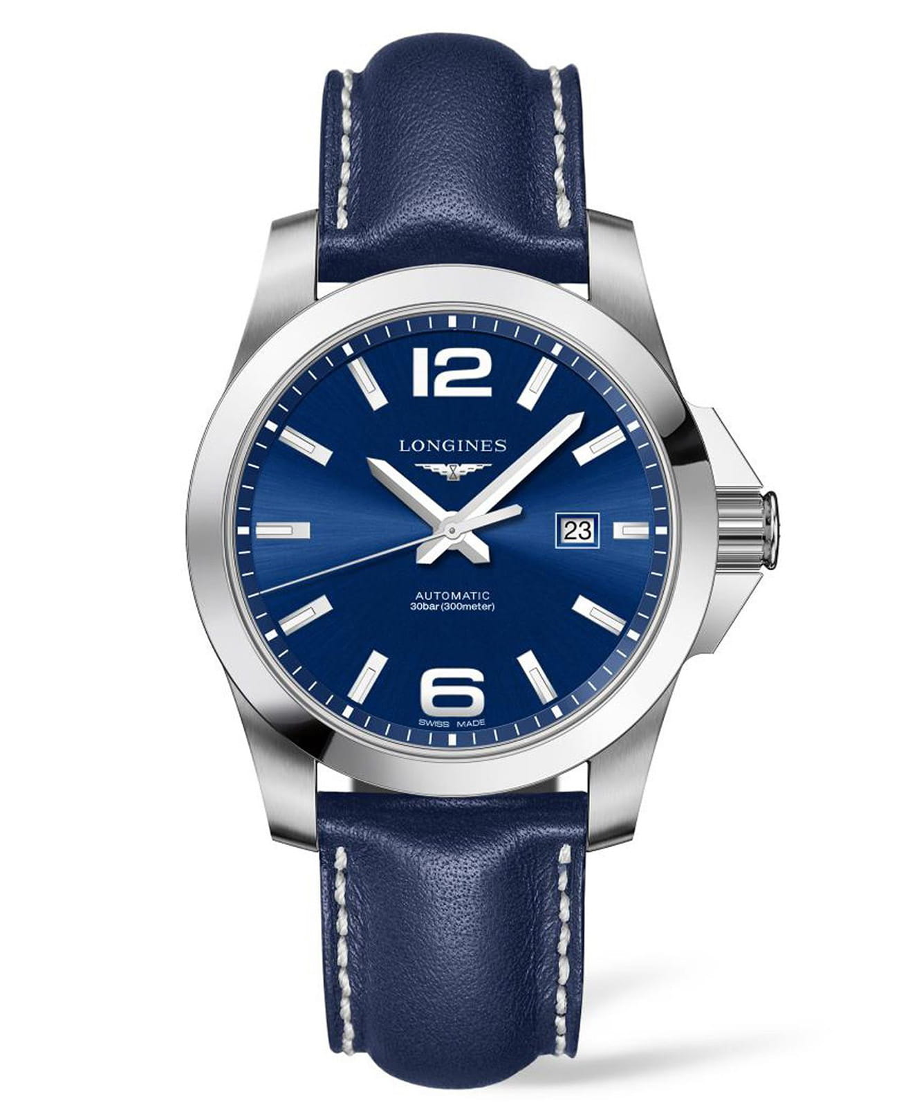 Longines Longines Conquest L3.778.4.96.7  L37784967 механические мужские часы синий циферблат, браслет кожаный — вид спереди