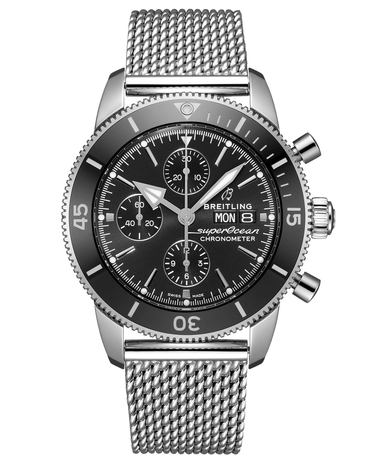 Breitling Breitling Superocean Heritage Chronograph 44 A13313121B1A1  A13313121B1A1 механические мужские часы черный циферблат, браслет нержавеющая сталь — вид спереди