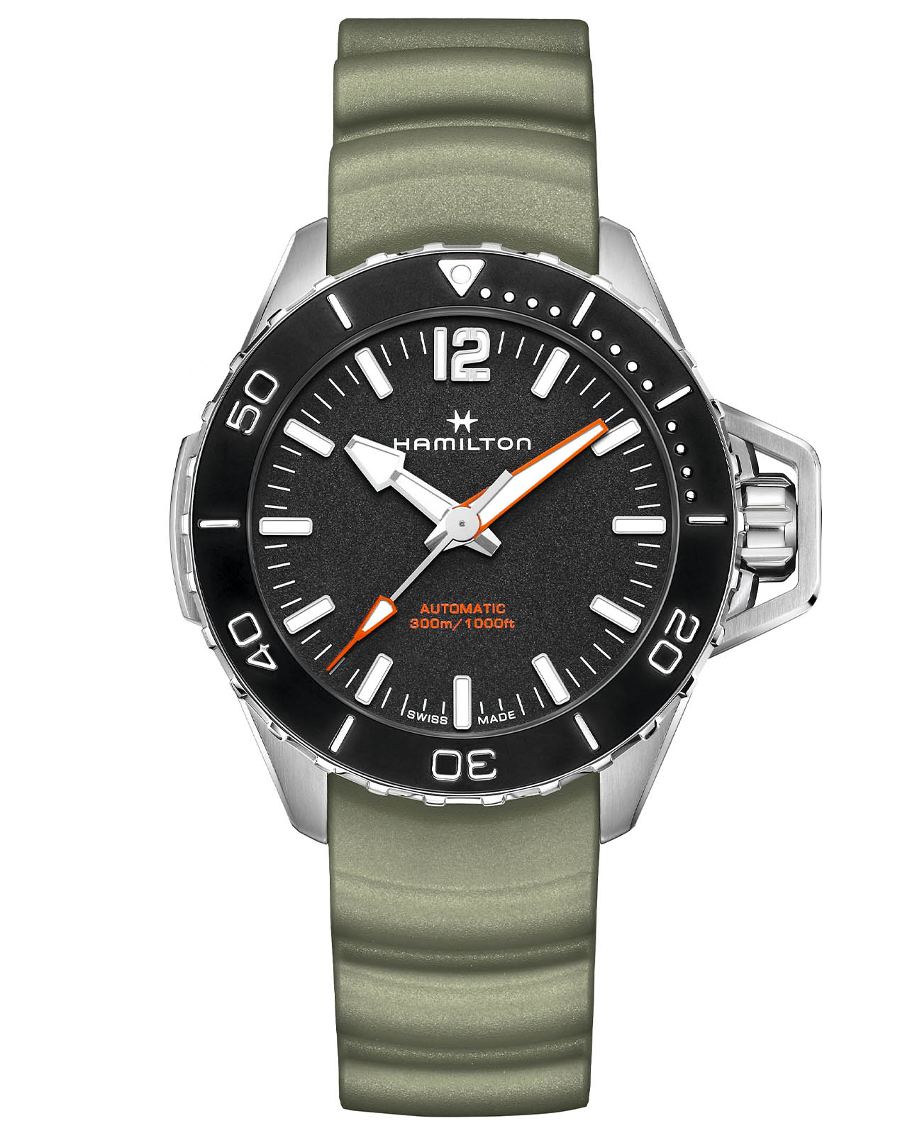 Hamilton Hamilton Khaki Navy Frogman Auto H77825331  H77825331 механические мужские часы черный циферблат, браслет каучук — вид спереди