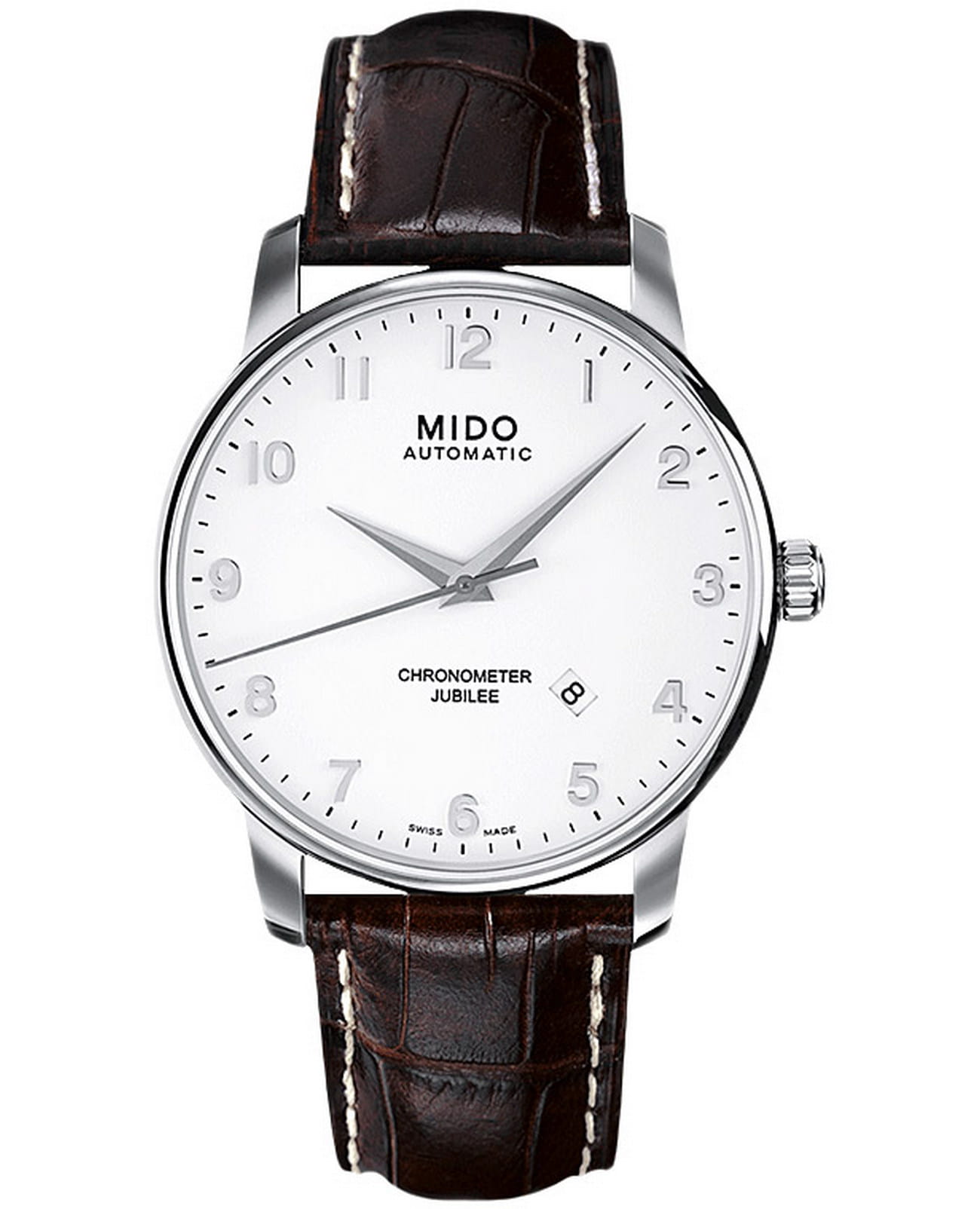 Mido Mido Baroncelli M8690.4.11.8  M86904118 механические мужские часы белый циферблат, браслет кожаный — вид спереди