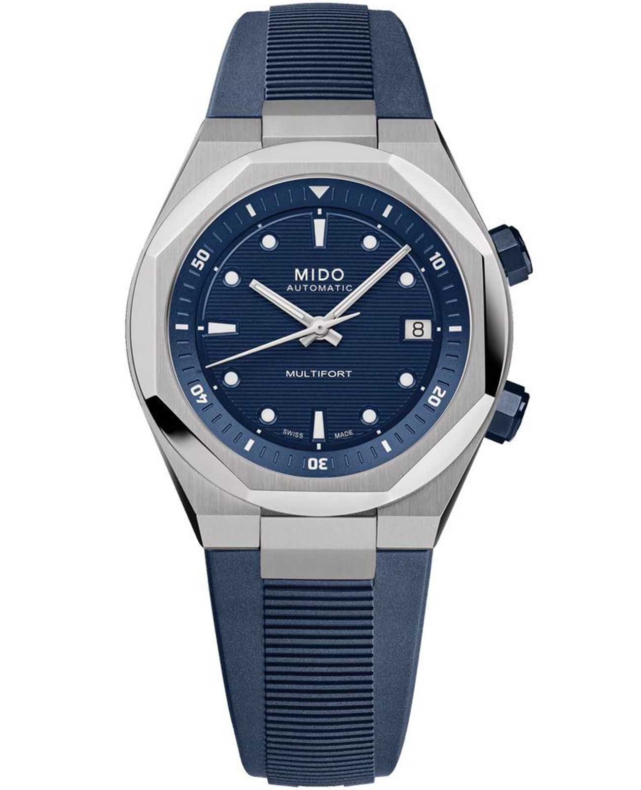 Mido Mido Multifort 8 Two Crowns M047.507.17.041.00  M0475071704100 механические мужские часы синий циферблат, браслет силикон — вид спереди