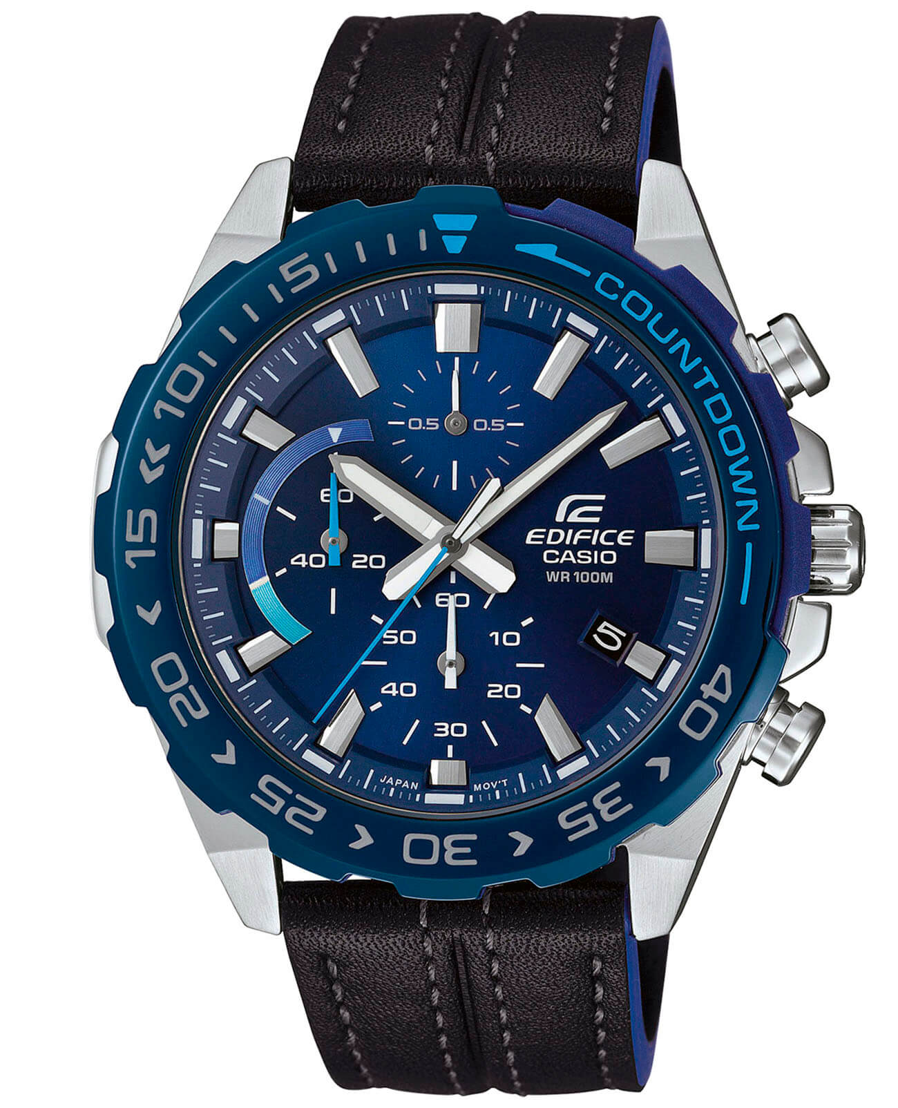 Casio Casio Edifice EFR-566BL-2A EFR EFR-566BL-2A кварцевые мужские часы синий циферблат, браслет кожаный — вид спереди