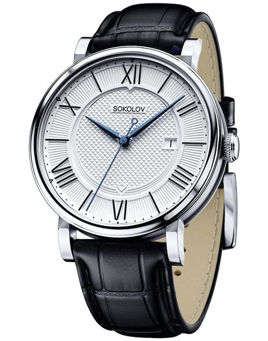 Sokolov 101.30.00.000.01.01.3  101.30.00.000.01.01.3 кварцевые мужские часы белый циферблат, браслет кожаный — вид спереди