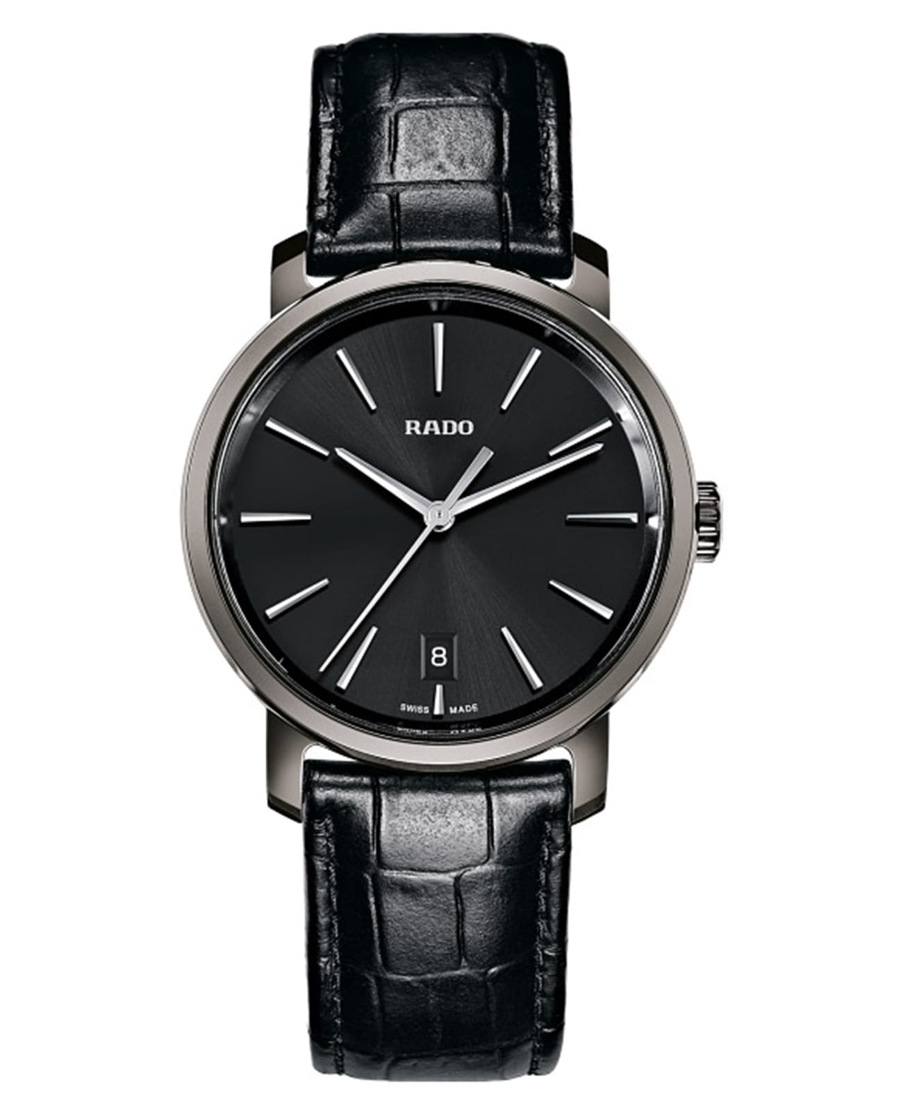 Rado Rado Diamaster R14077175  R14077175 кварцевые мужские часы черный циферблат, браслет кожаный — вид спереди