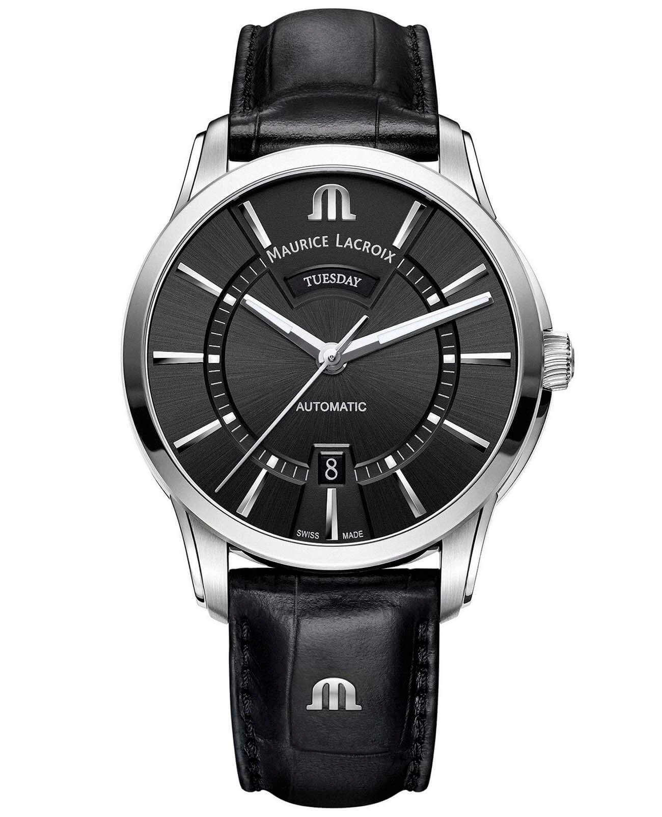 Maurice Lacroix Maurice Lacroix Pontos Day Date PT6358-SS001-330-1  PT6358-SS001-330-1 механические мужские часы черный циферблат, браслет кожаный — вид спереди