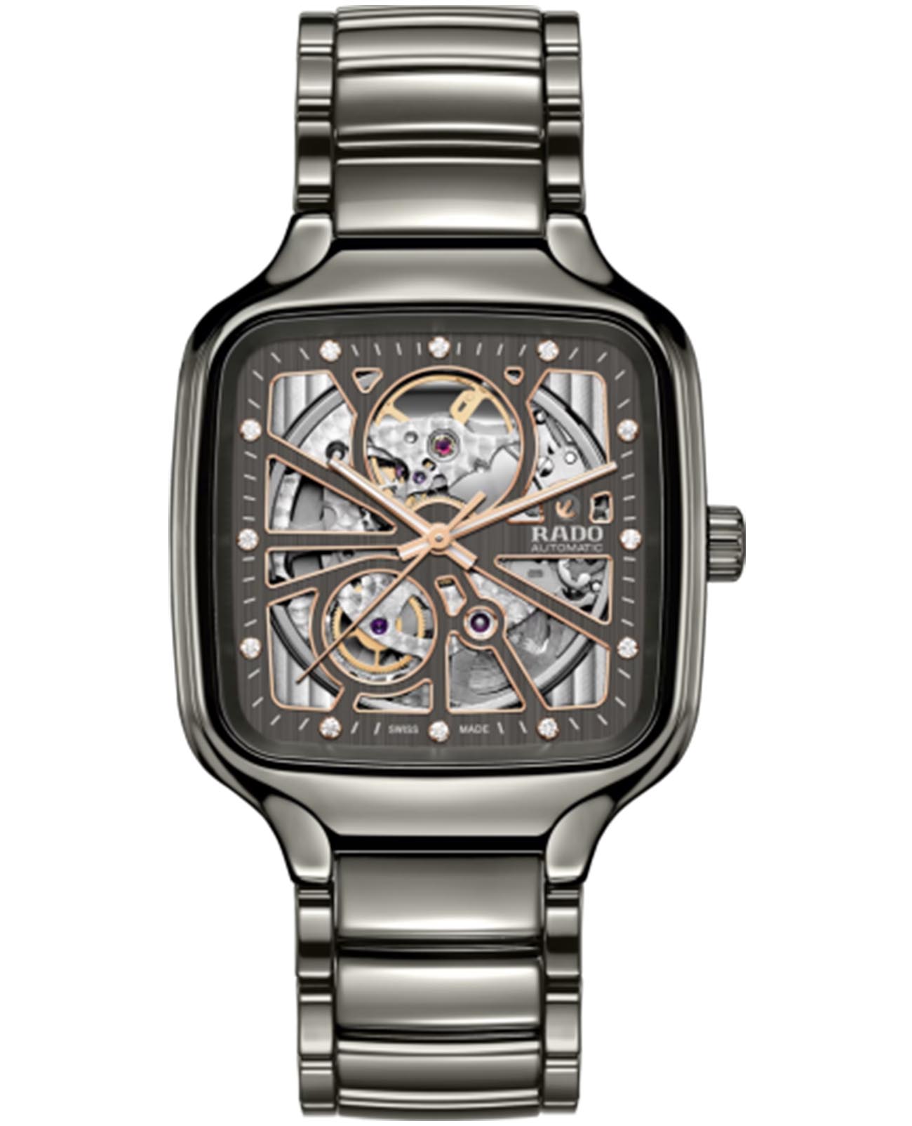 Rado Rado True Square Automatic Open Heart R27083712 Automatic R27083712 механические мужские часы серый циферблат, браслет титан + высокотехнологичная плазменная керамика — вид спереди