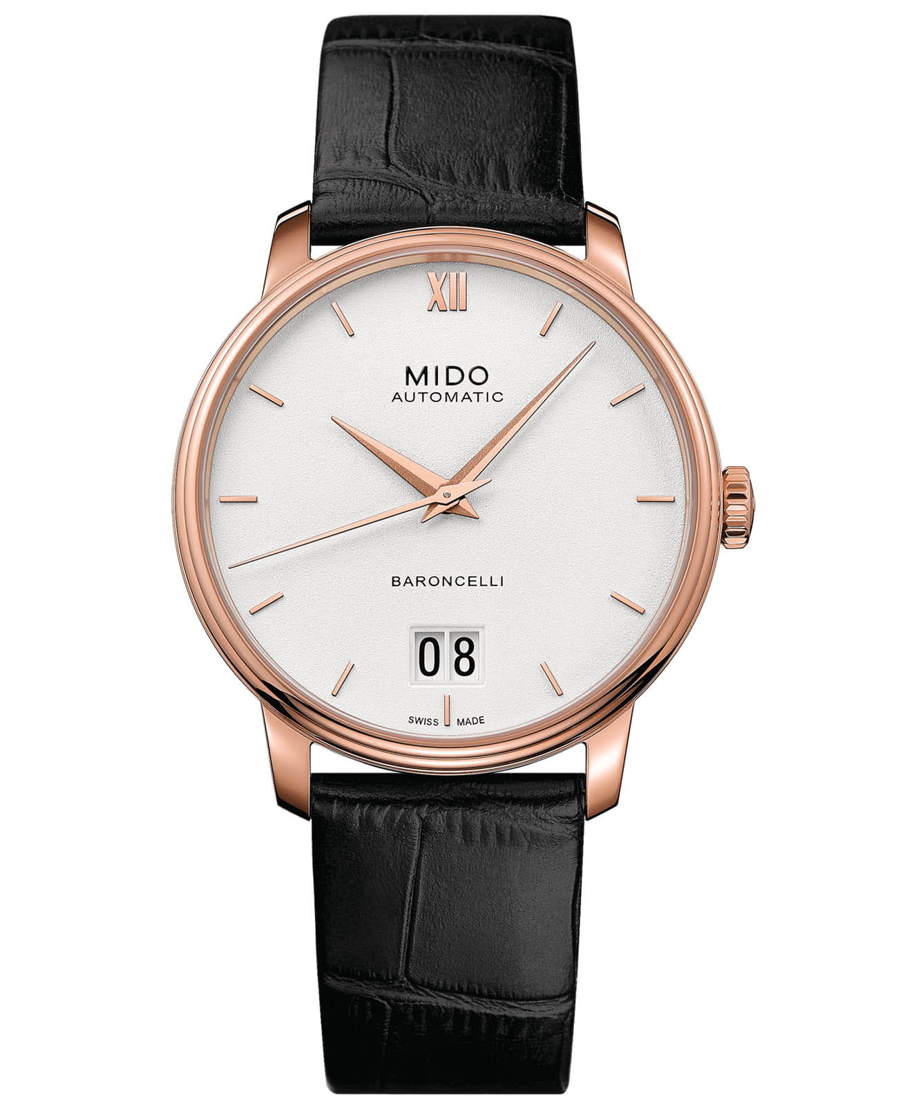 Mido Mido Baroncelli Big Date M027.426.36.018.00  M0274263601800 механические мужские часы белый циферблат, браслет кожаный — вид спереди
