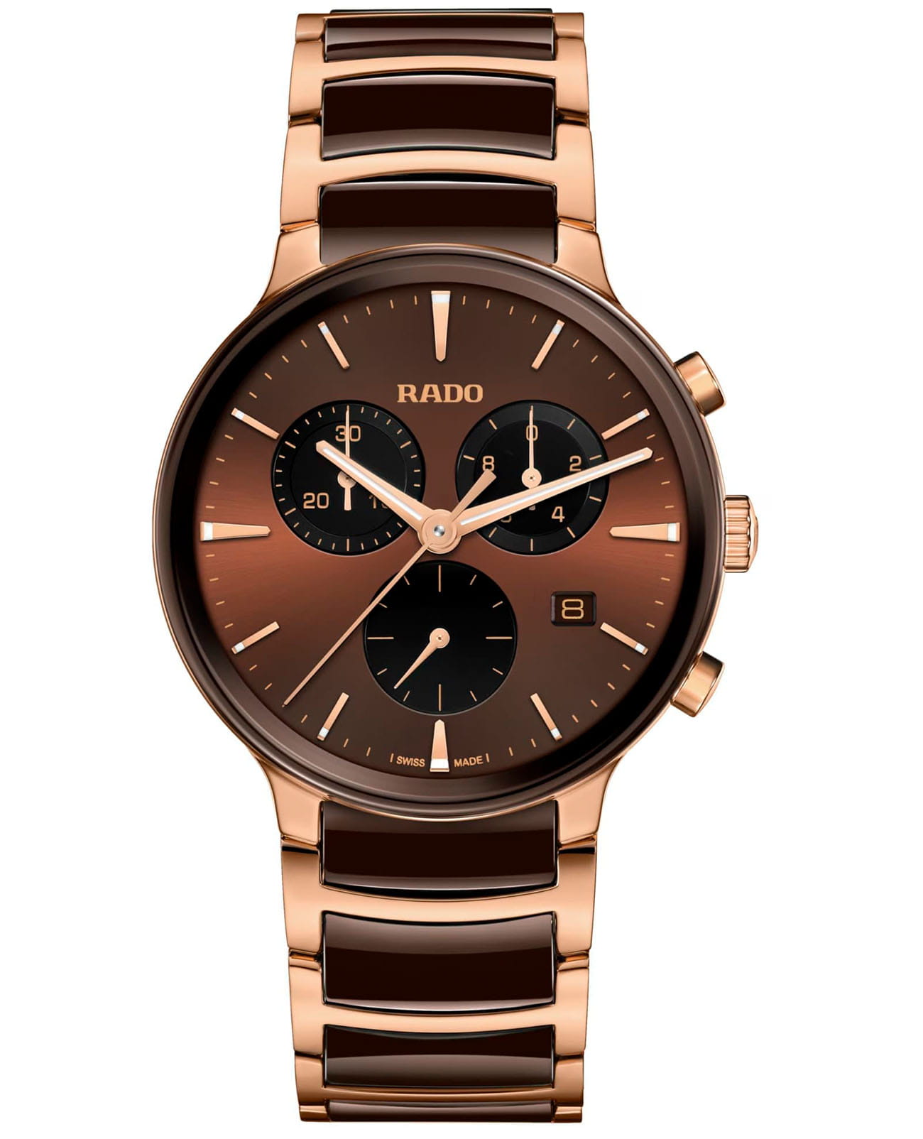 Rado Rado Centrix Chronograph R30212302  R30212302 кварцевые мужские часы коричневый циферблат, браслет сталь + керамические вставки — вид спереди