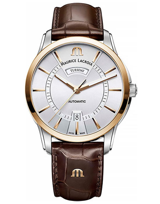Maurice Lacroix Maurice Lacroix Pontos Day Date PT6358-PS101-130-1  PT6358-PS101-130-1 механические мужские часы серебристый циферблат, браслет кожаный — вид спереди