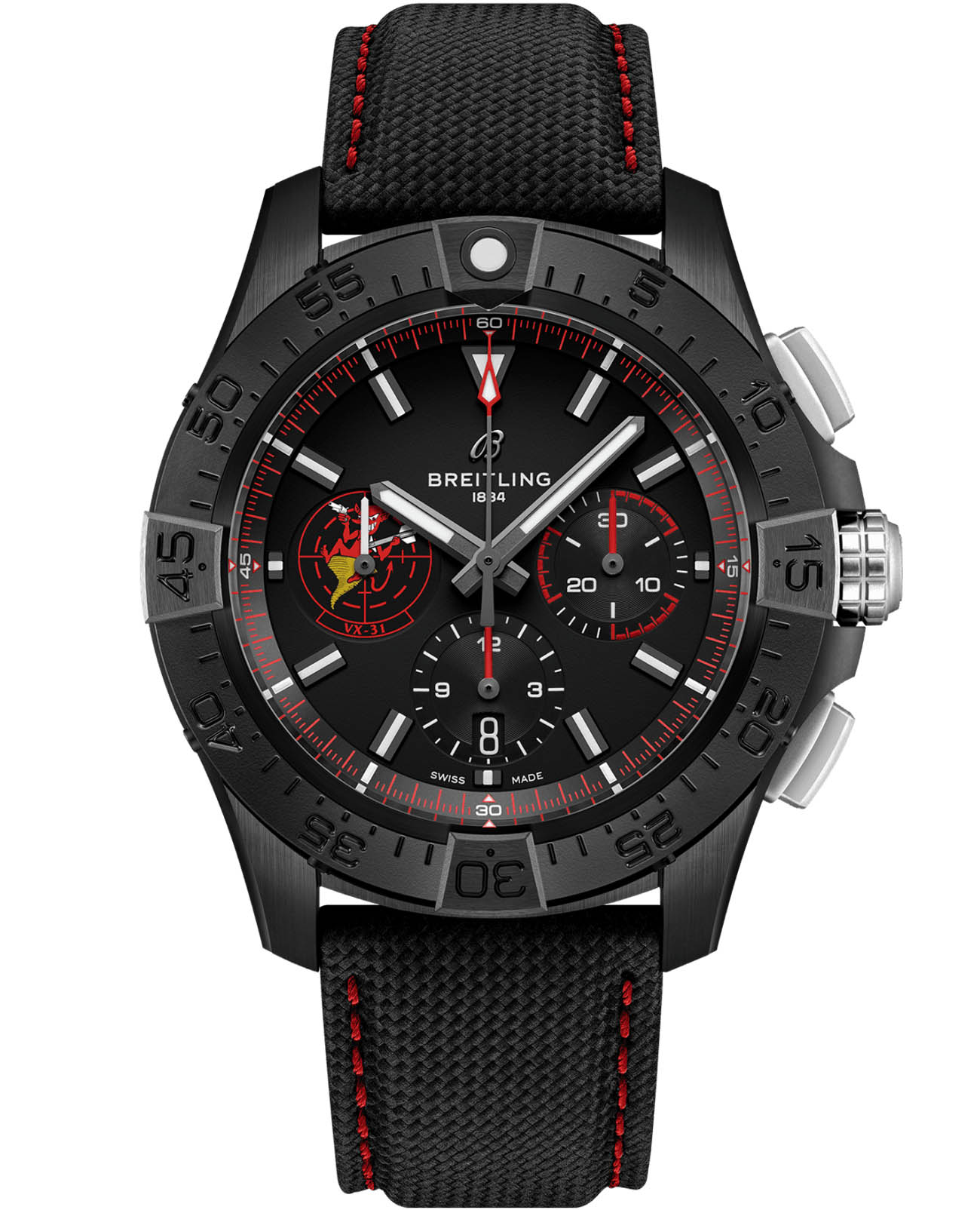 Breitling Breitling Avenger B01 Chronograph 44 Night Mission Usn Dust Devils SB01473A1B1X1  SB01473A1B1X1 механические мужские часы черный циферблат, браслет кожаный — вид спереди