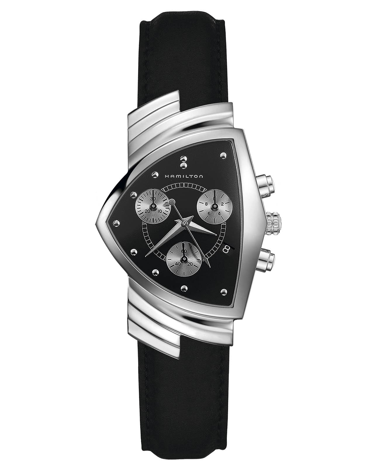 Hamilton Hamilton Ventura Chrono Quartz H24412732  H24412732 кварцевые мужские часы черный циферблат, браслет кожаный — вид спереди