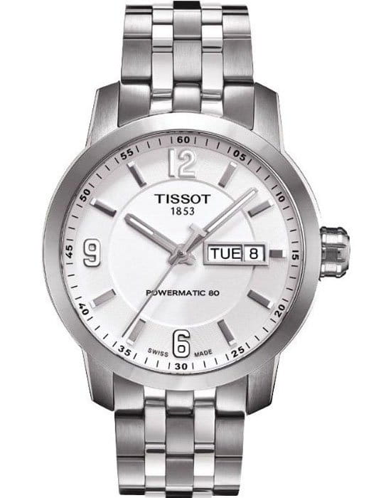 Tissot Tissot PRC 200 Powermatic 80 T055.430.11.017.00  T0554301101700 механические мужские часы белый циферблат, браслет нержавеющая сталь — вид спереди