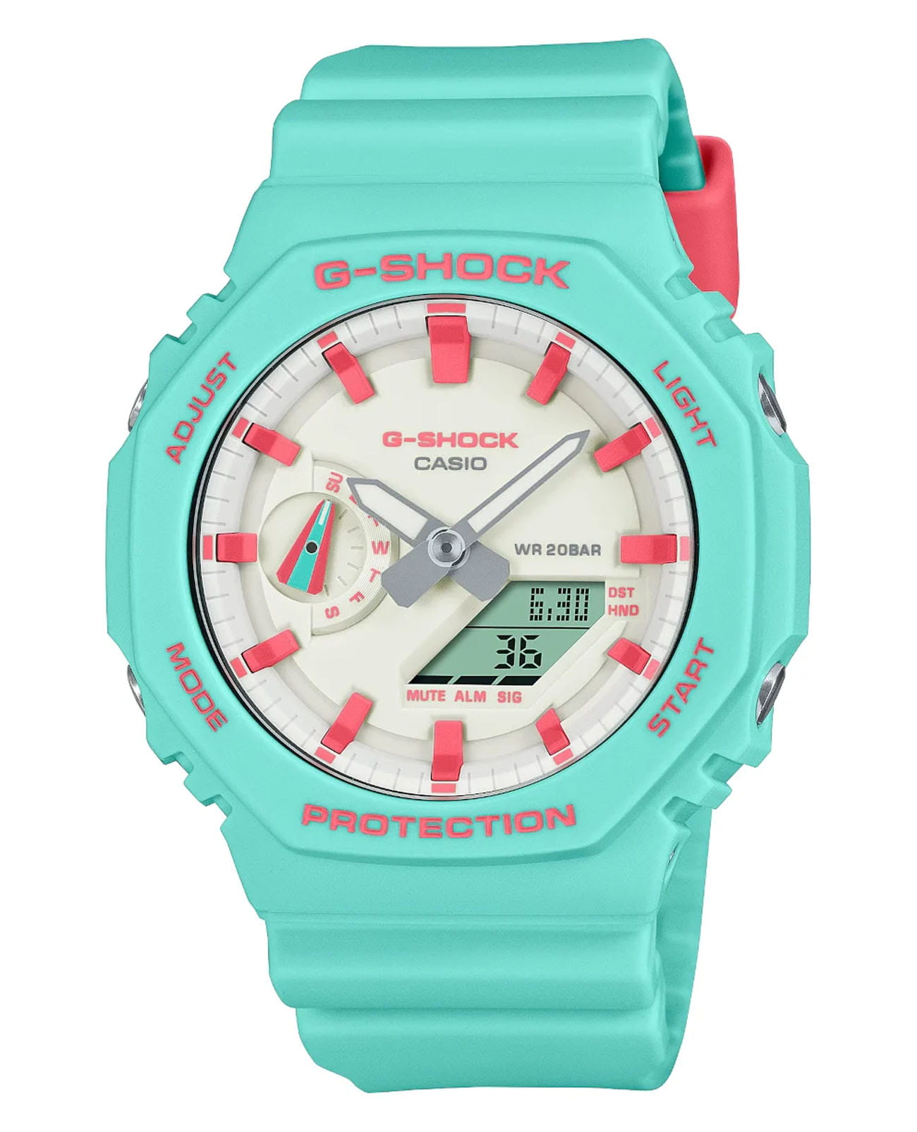 Casio Casio G-Shock GA-2100RB-3ADR (GA-2100RB-3A) GA-2100 GA-2100RB-3A электронные мужские часы  циферблат, браслет пластик — вид спереди