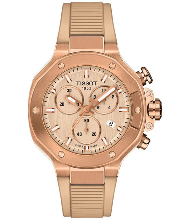 Tissot Tissot T-Race 38mm T141.817.37.501.00 T Race T1418173750100 кварцевые женские часы бежевый циферблат, браслет каучук — вид спереди