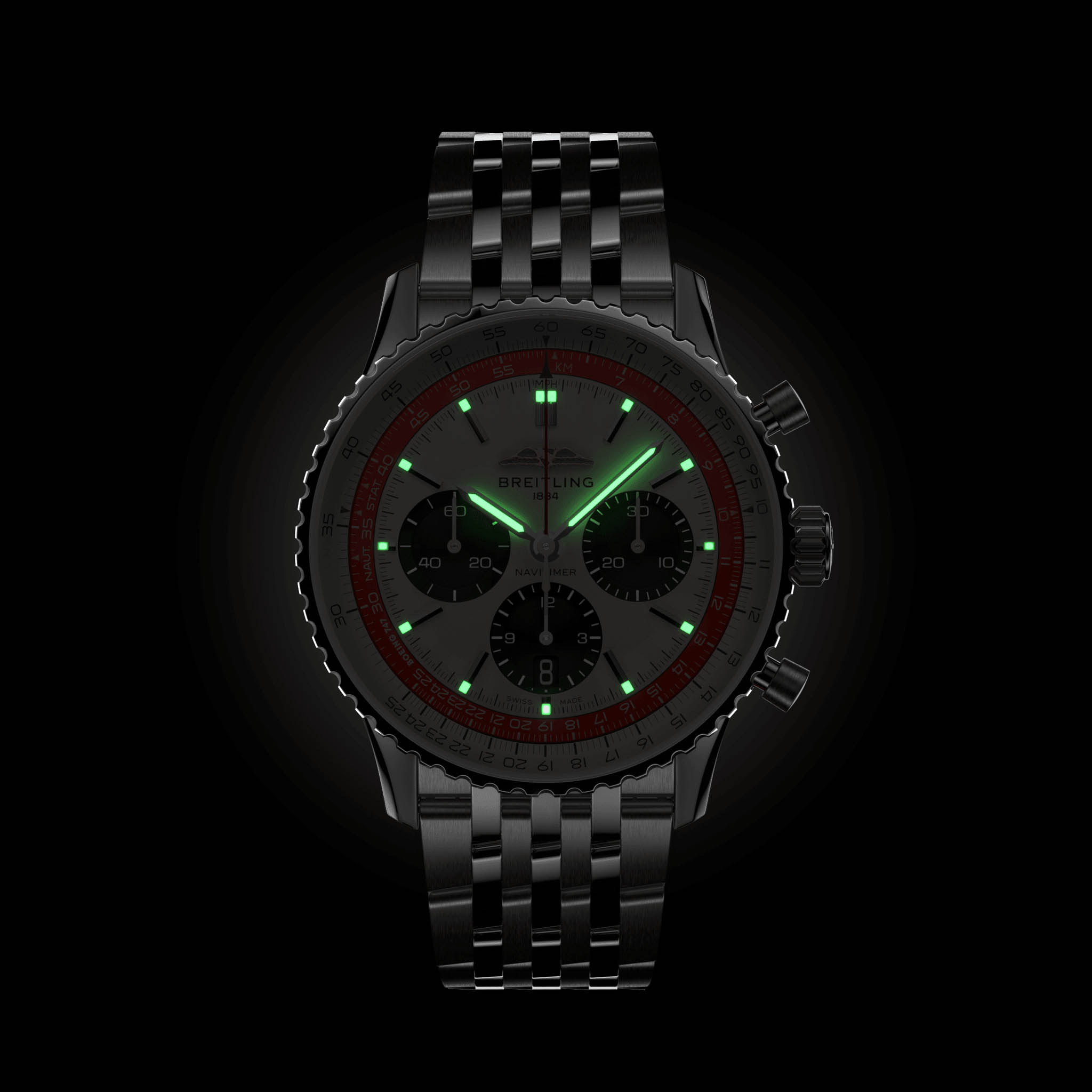 Breitling Breitling Navitimer B01 Chronograph 43 Boeing 747 AB01383B1G1A1, navitimer швейцария мужские часы на браслете нержавеющая сталь боковой вид