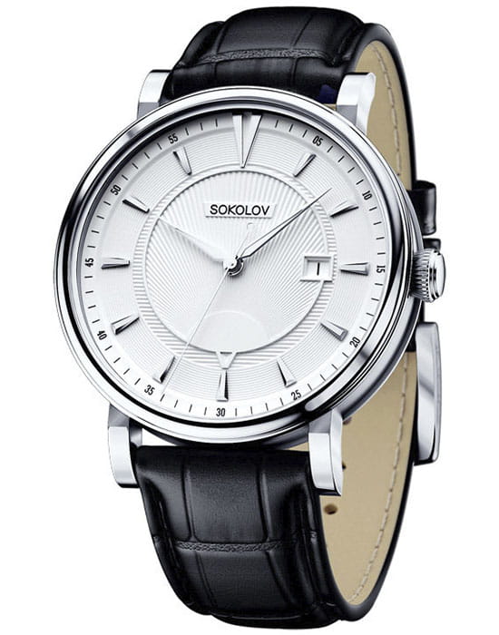 Sokolov 101.30.00.000.06.01.3  101.30.00.000.06.01.3 кварцевые мужские часы белый циферблат, браслет кожаный — вид спереди