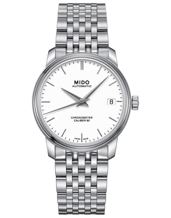 Mido Mido Baroncelli III Cal. 80 Si Steel Whi M027.208.11.011.00  M0272081101100 механические женские часы белый циферблат, браслет нержавеющая сталь — вид спереди