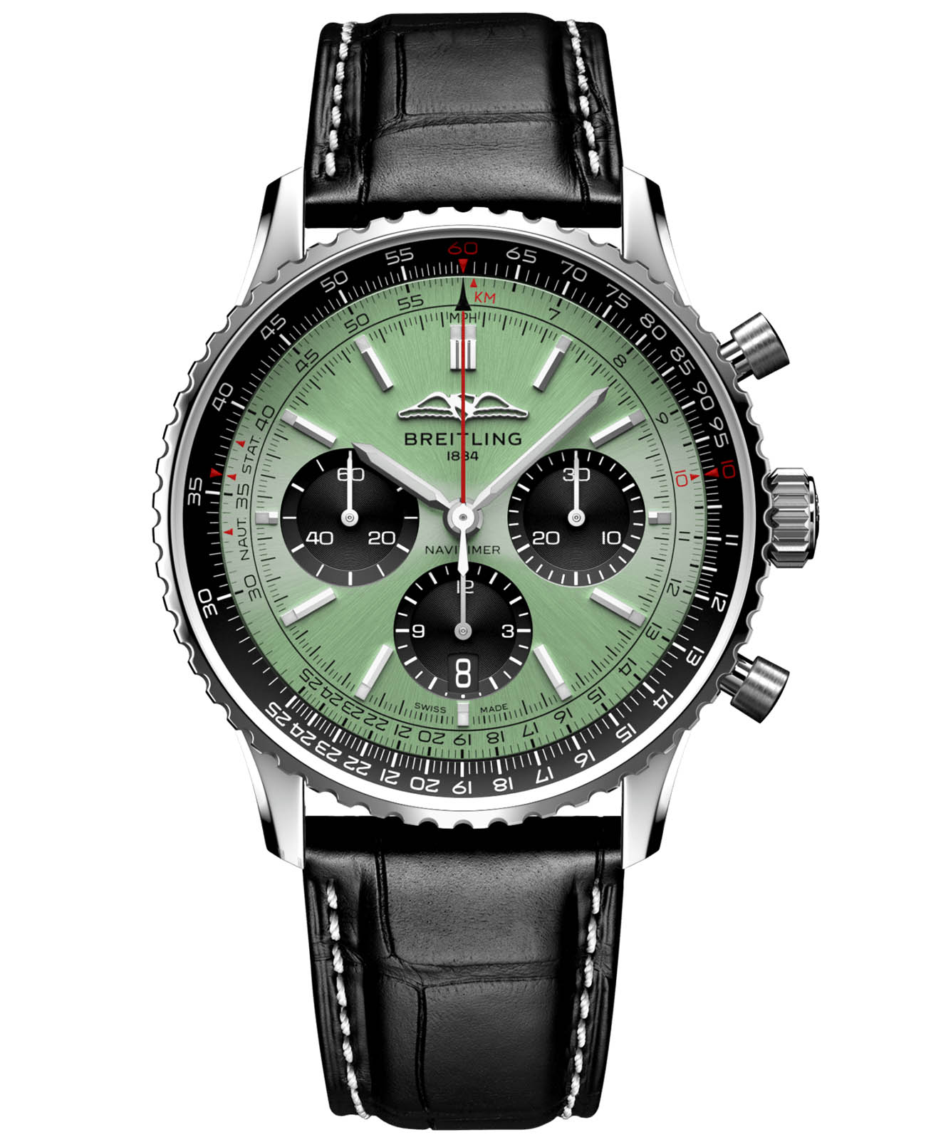 Breitling Breitling Navitimer B01 Chronograph 43 AB0138241L1P1  AB0138241L1P1 механические мужские часы зеленый циферблат, браслет кожаный — вид спереди