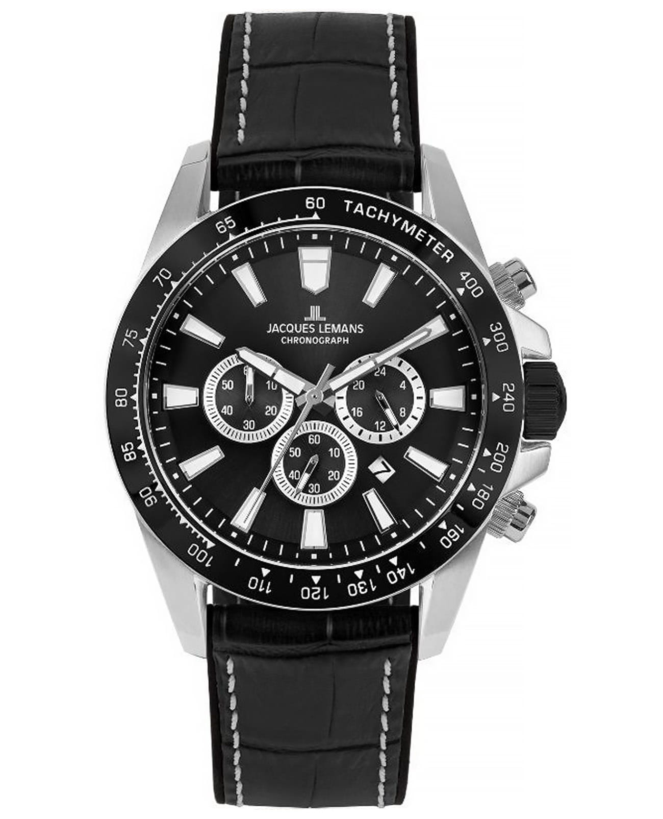 Jacques Lemans Jacques Lemans Sport 1-2140A  1-2140A кварцевые мужские часы черный циферблат, браслет кожаный — вид спереди