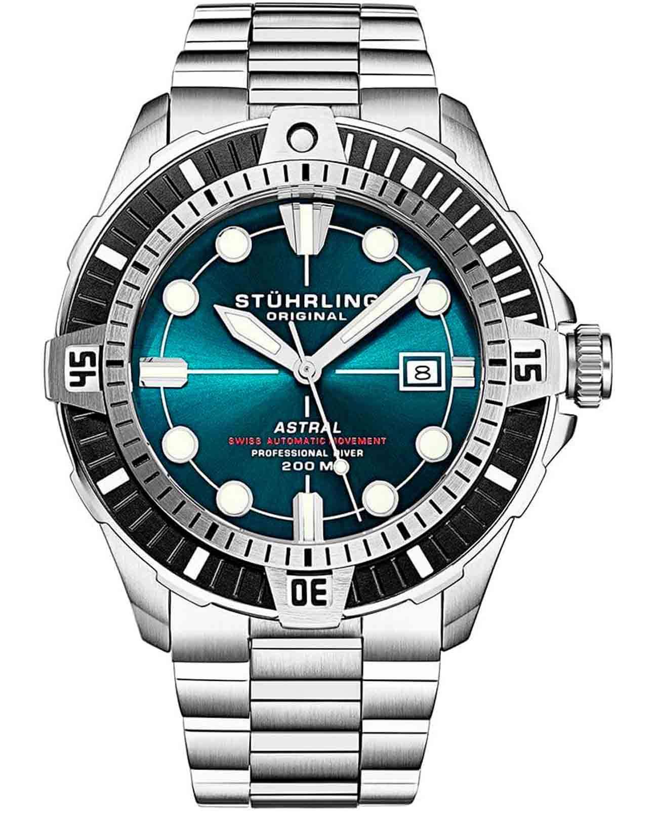 Stuhrling Stuhrling Aquadiver 1005.03  1005.03 механические мужские часы синий циферблат, браслет нержавеющая сталь — вид спереди