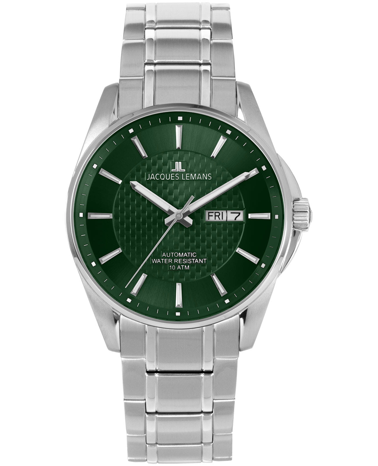 Jacques Lemans Jacques Lemans Automatic 1-2210H  1-2210H механические мужские часы зеленый циферблат, браслет нержавеющая сталь — вид спереди