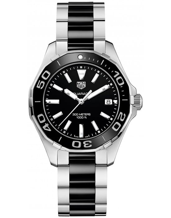TAG Heuer TAG Heuer Aquaracer WAY131A.BA0913  WAY131A.BA0913 кварцевые женские часы черный циферблат, браслет сталь + керамические вставки — вид спереди