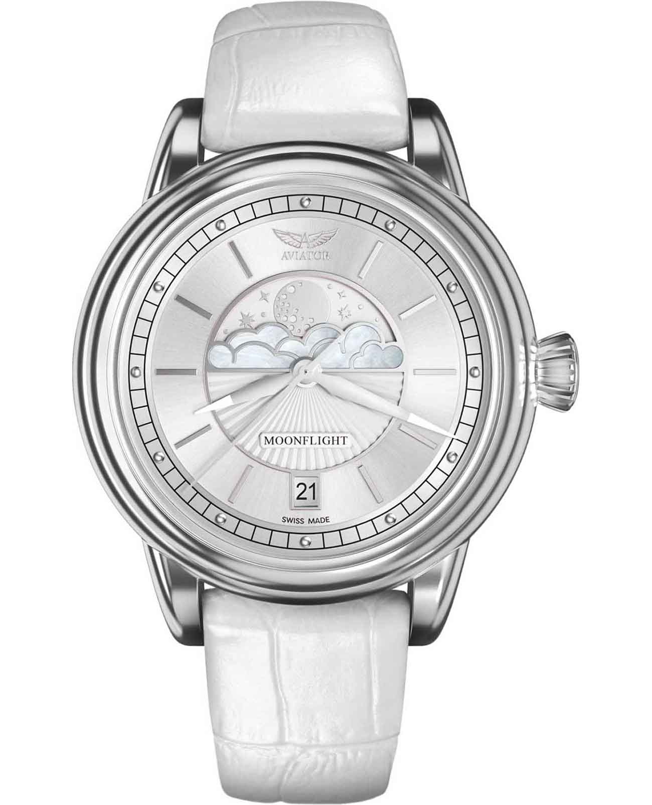 Aviator Aviator Douglas MoonFlight V.1.33.0.250.4  V.1.33.0.250.4 кварцевые женские часы белый циферблат, браслет кожаный — вид спереди