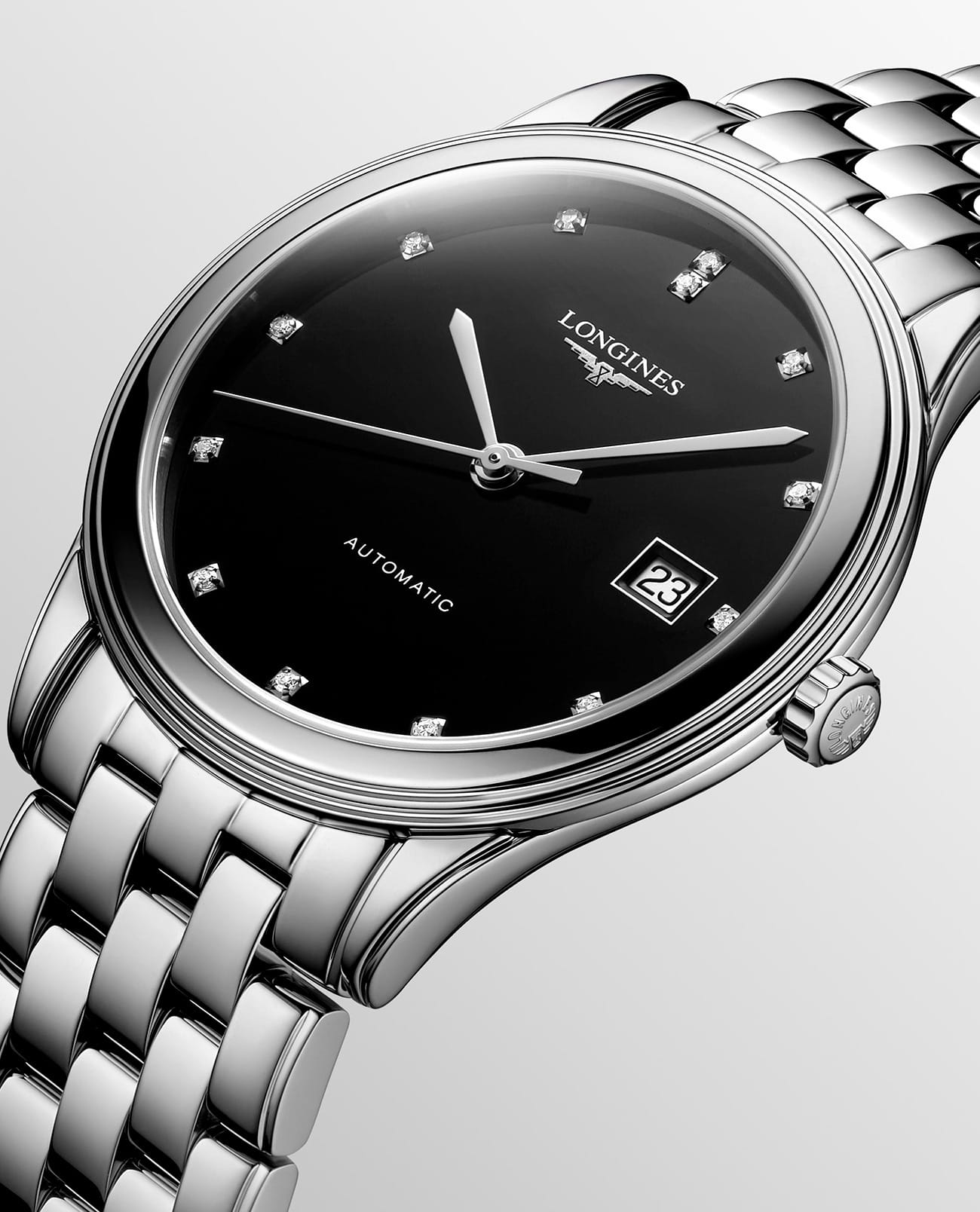 Longines Longines Flagship L4.974.4.57.6 механические мужские часы часы крупный план черный циферблата