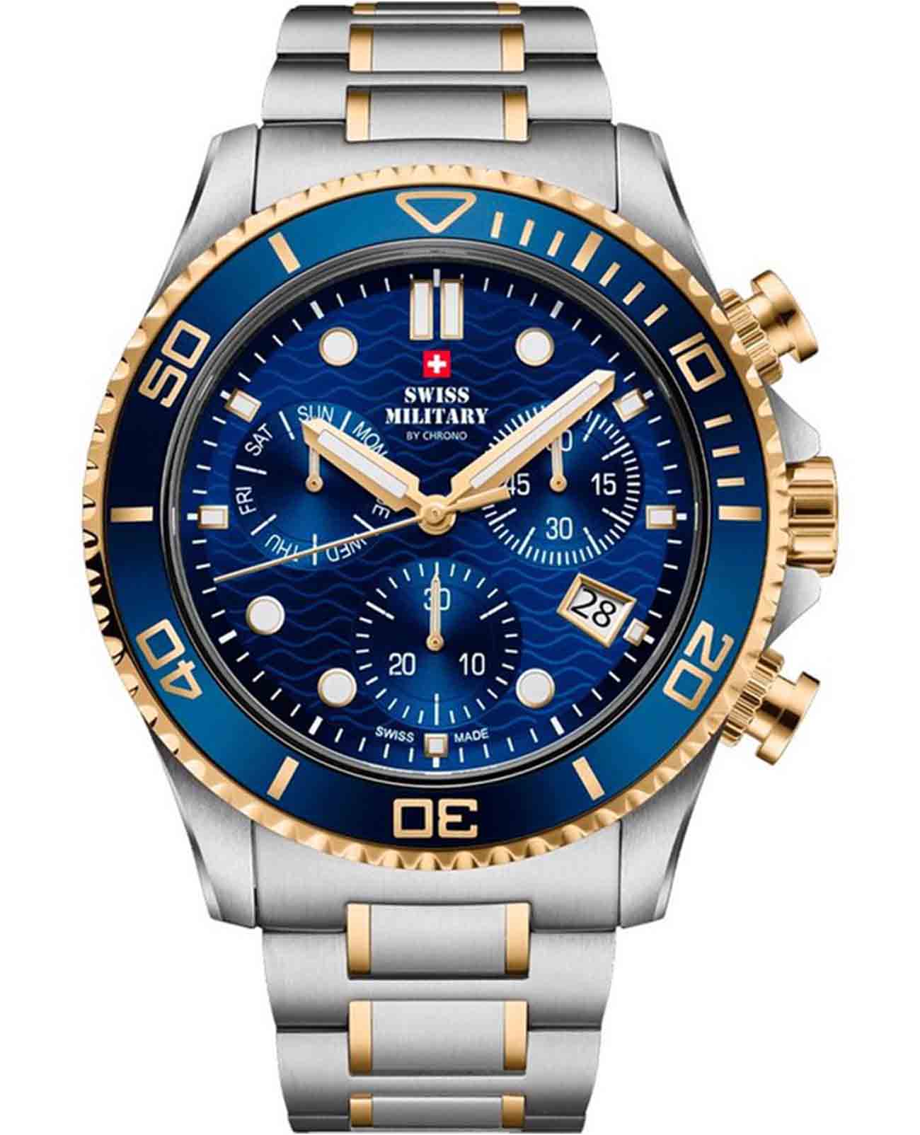 Swiss Military by Chrono Swiss Military by Chrono XL Chronograph SM34101.04  SM34101.04 кварцевые мужские часы синий циферблат, браслет нержавеющая сталь с pvd-покрытием — вид спереди