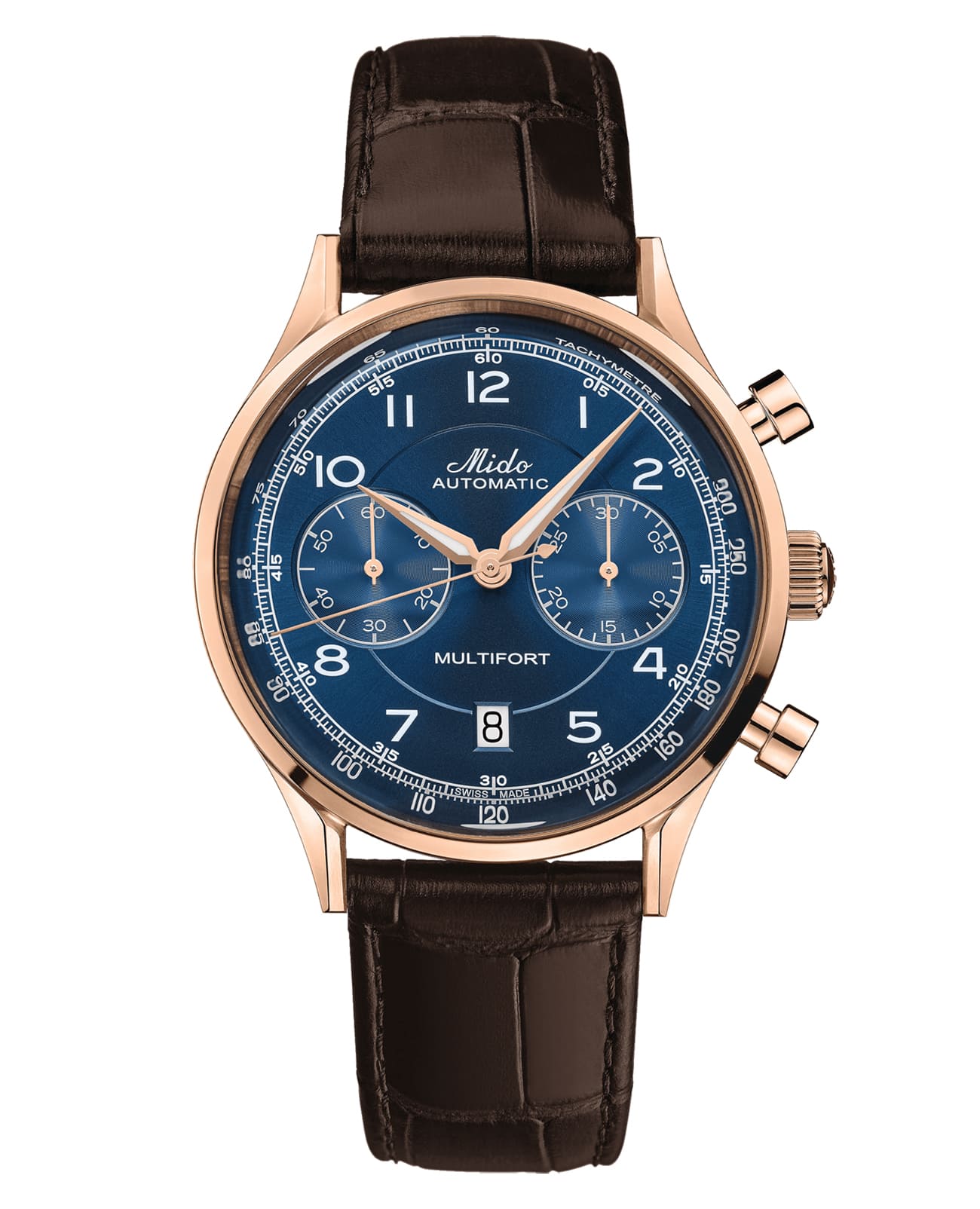 Mido Mido Multifort Patrimony Chronograph M040.427.36.042.00  M0404273604200 механические мужские часы синий циферблат, браслет кожаный — вид спереди