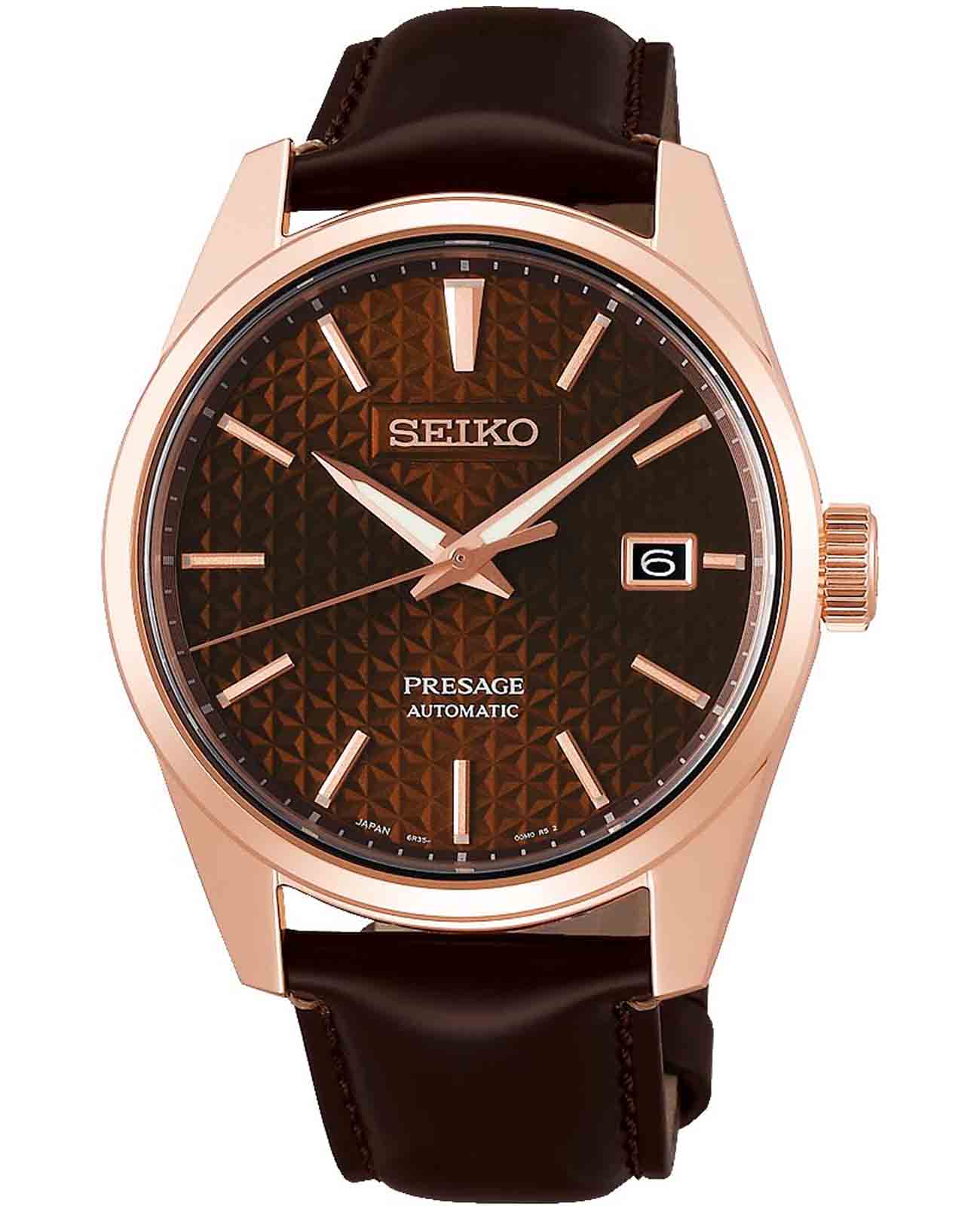 Seiko Seiko Presage Sharp Edged Series SPB170 Sharp Edged SPB170 механические мужские часы коричневый циферблат, браслет кожаный — вид спереди