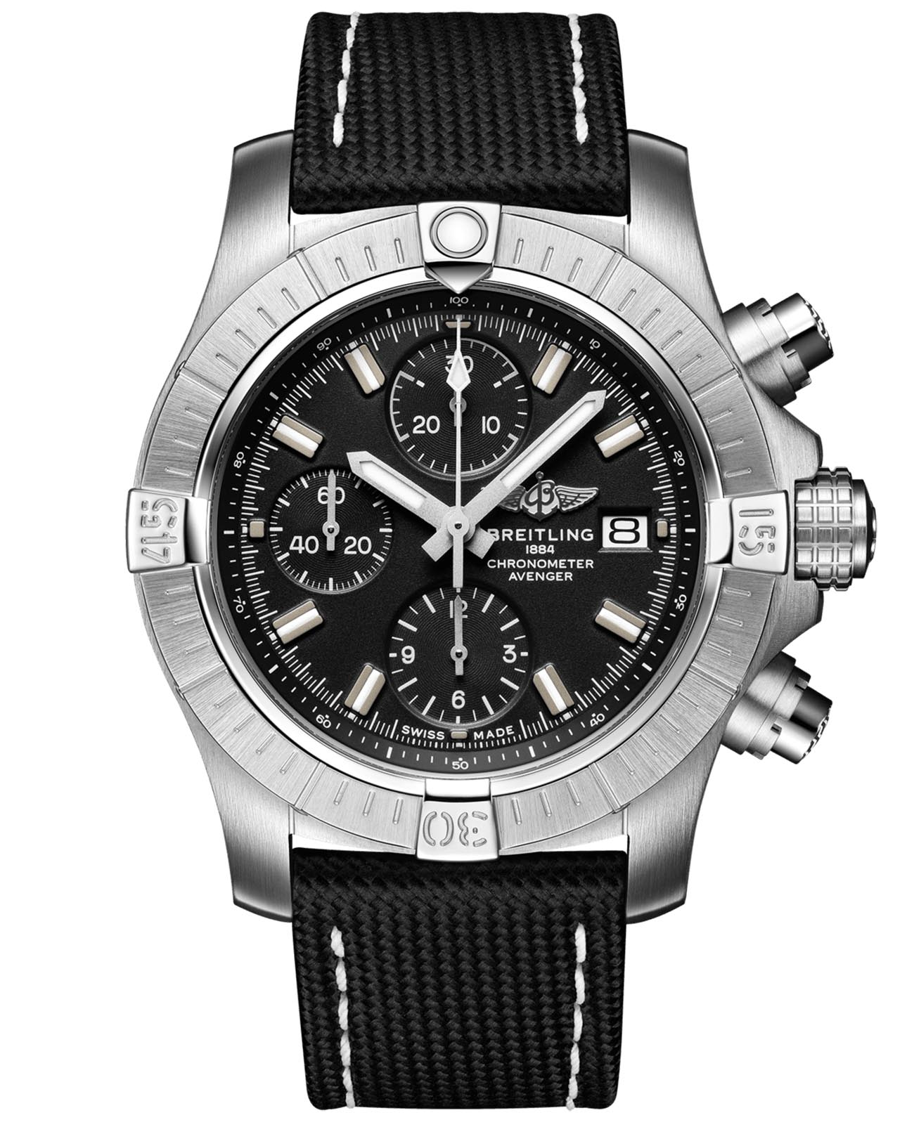 Breitling Breitling Avenger Chronograph 43 A13385101B1X2  A13385101B1X2 механические мужские часы черный циферблат, браслет кожаный — вид спереди