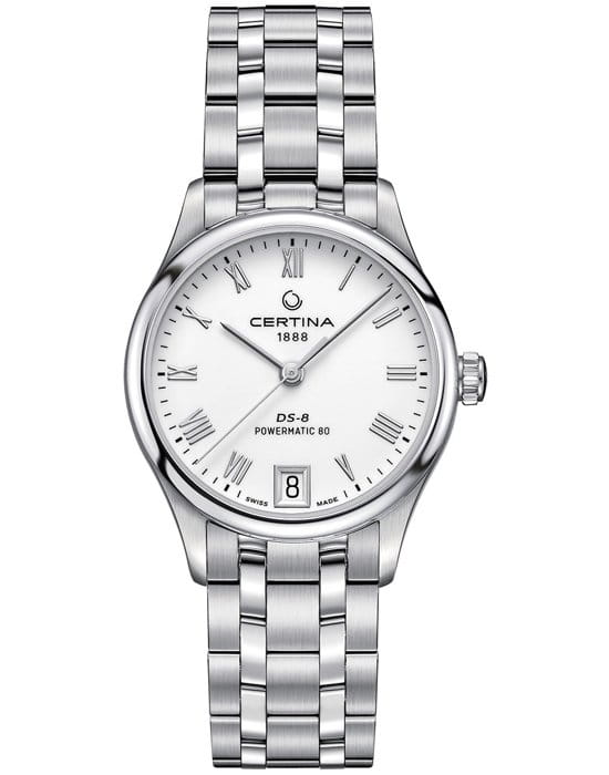 Certina Certina DS-8 Lady Powermatic 80 C033.207.11.013.00 DS 8 C0332071101300 механические женские часы белый циферблат, браслет нержавеющая сталь — вид спереди