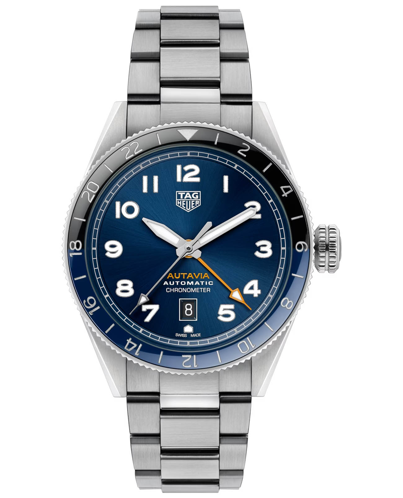 TAG Heuer TAG Heuer Autavia WBE511A.BA0650  WBE511A.BA0650 механические мужские часы синий циферблат, браслет нержавеющая сталь — вид спереди