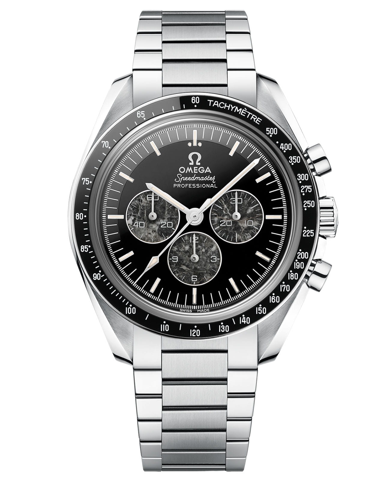 Omega Omega Speedmaster Calibre 321 311.90.42.30.99.002  31190423099002 механические мужские часы черный циферблат, браслет платина — вид спереди