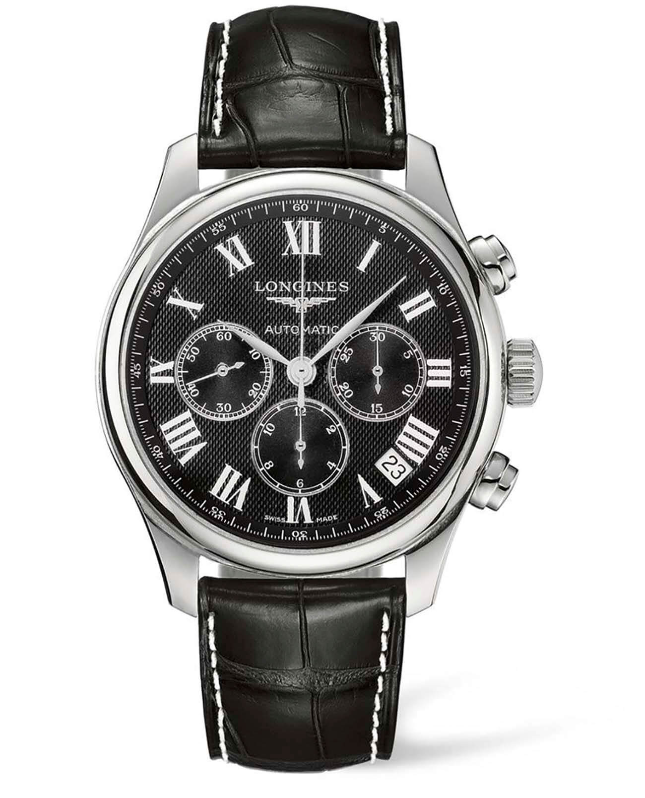 Longines Longines Master Collection L2.693.4.51.8  L26934518 механические мужские часы черный циферблат, браслет кожаный — вид спереди