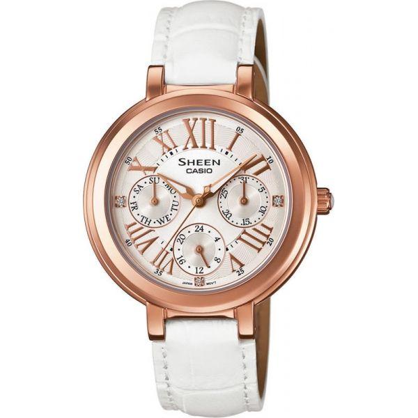 Casio Casio Sheen SHE-3034GL-7A  SHE-3034GL-7A кварцевые женские часы белый циферблат, браслет кожа + текстиль — вид спереди
