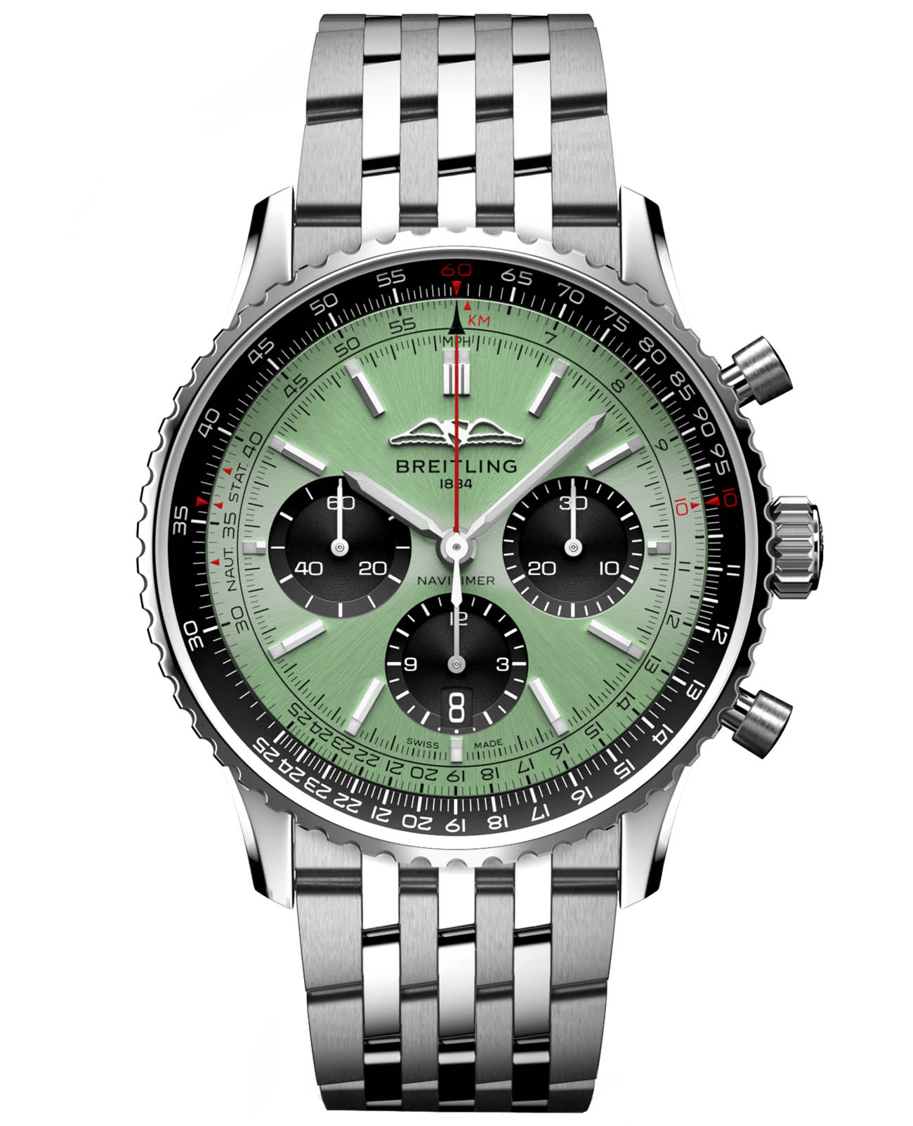 Breitling Breitling Navitimer B01 Chronograph 43 AB0138241L1A1  AB0138241L1A1 механические мужские часы зеленый циферблат, браслет нержавеющая сталь — вид спереди