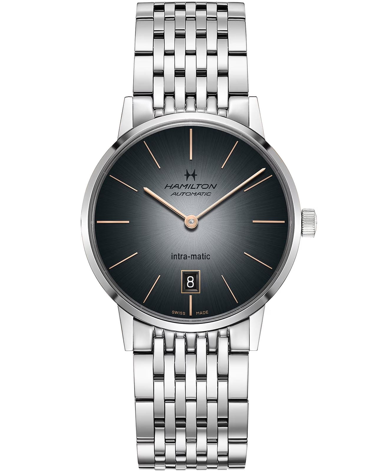 Hamilton Hamilton American Classic Intra-Matic Auto H38455181  H38455181 механические мужские часы серый циферблат, браслет нержавеющая сталь — вид спереди