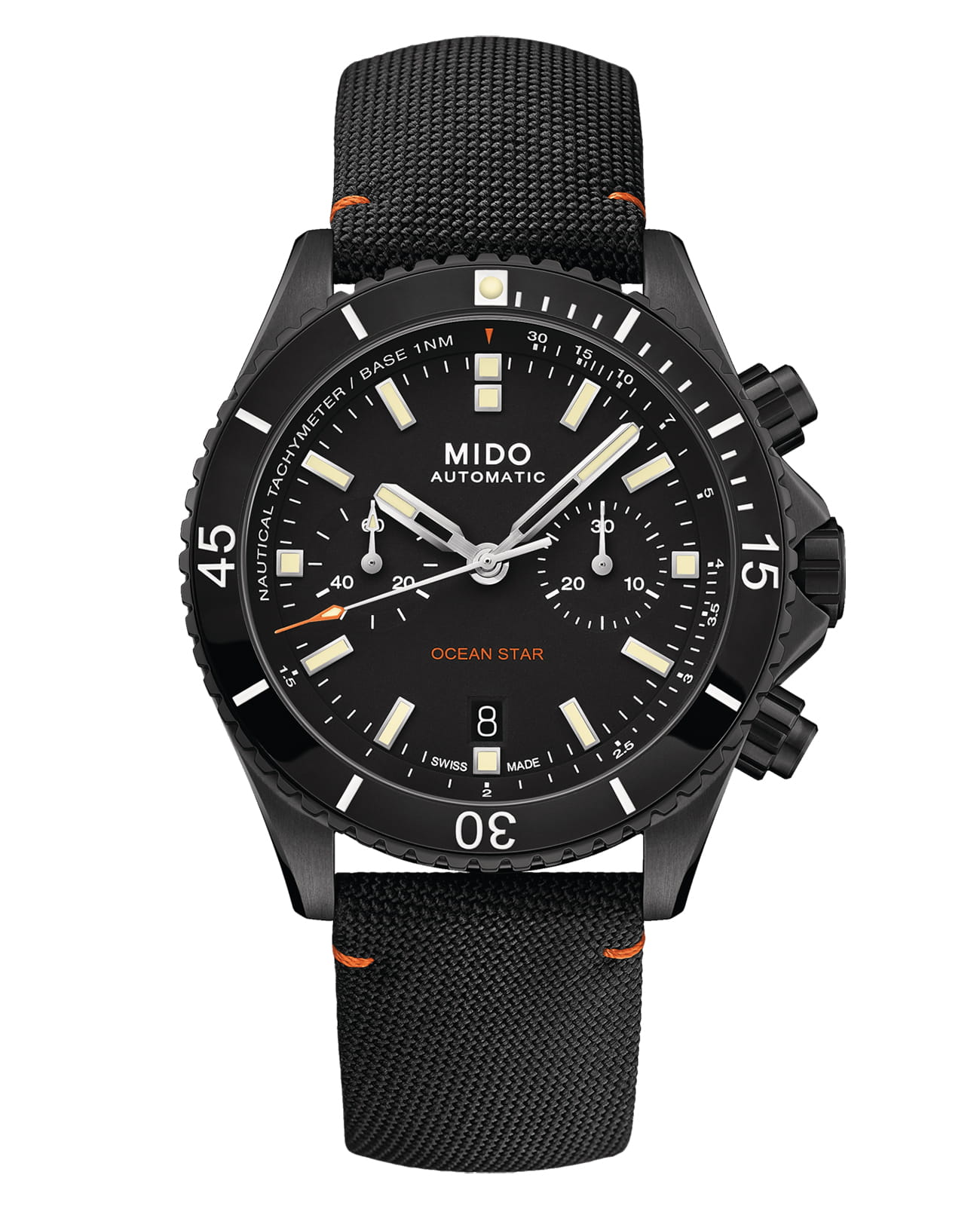 Mido Mido Ocean Star Chronograph M026.627.37.051.00  M0266273705100 механические мужские часы черный циферблат, браслет тканевый — вид спереди