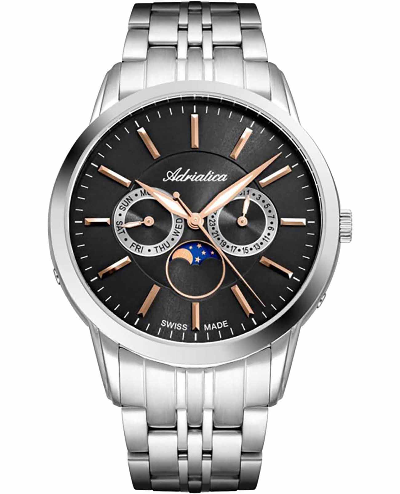 Adriatica Adriatica Moonphase A8306.51R7QF  A8306.51R7QF кварцевые мужские часы черный циферблат, браслет нержавеющая сталь — вид спереди