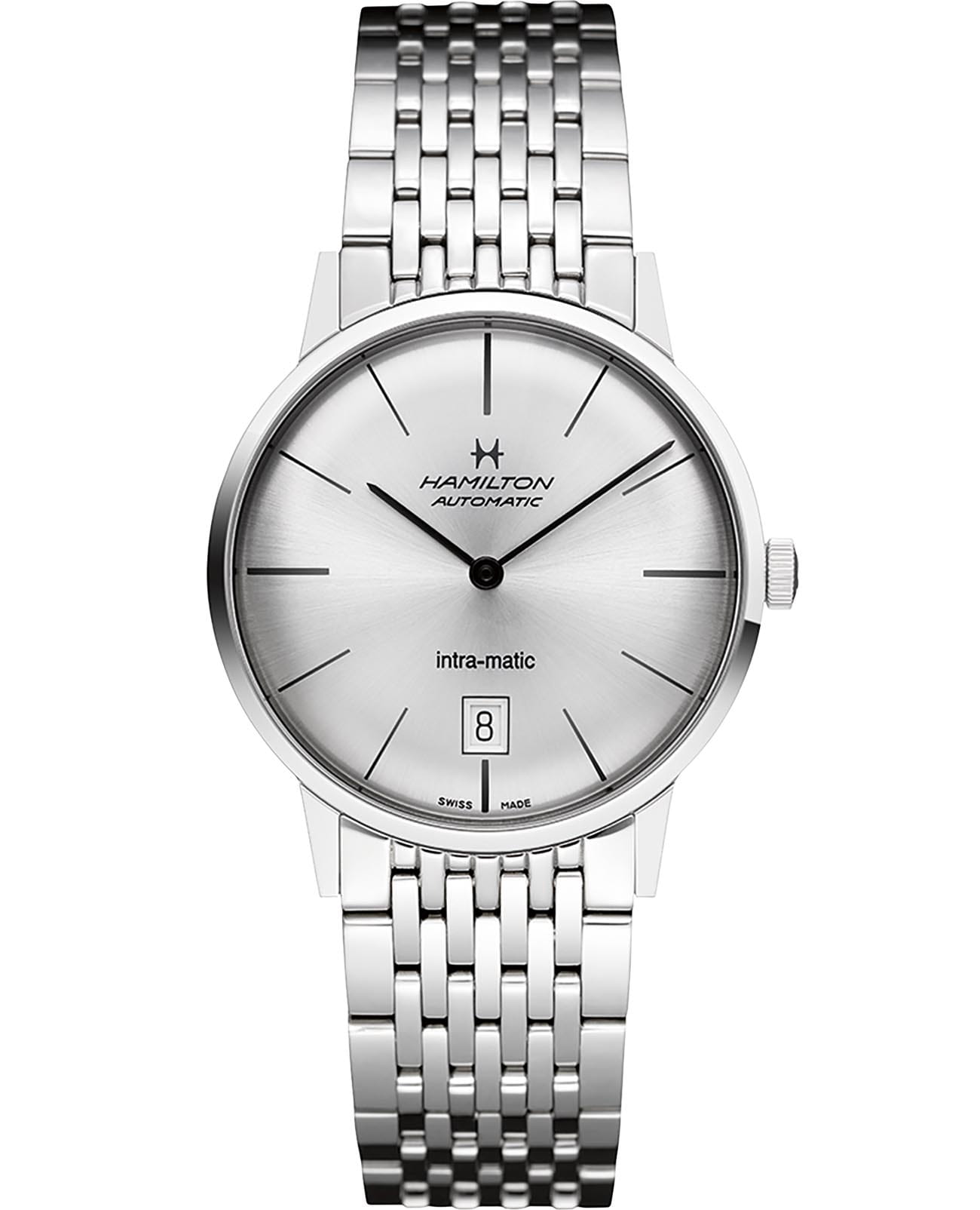 Hamilton Hamilton American Classic Intra-Matic Auto H38455151  H38455151 механические мужские часы серебристый циферблат, браслет нержавеющая сталь — вид спереди